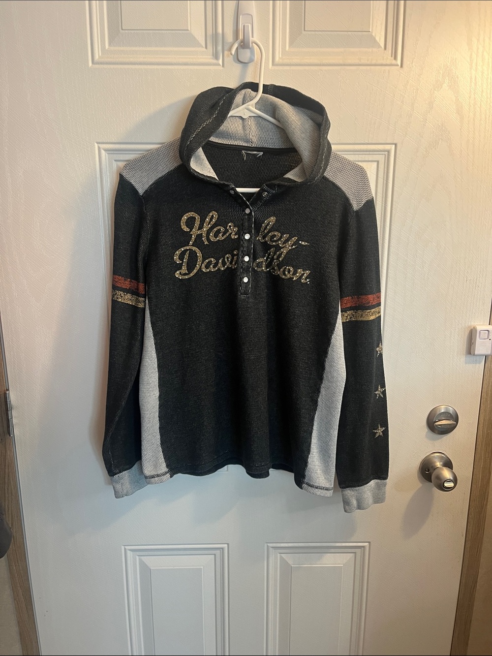 Harley-Davidson Black Hooded Henley with Gold Script and Red/Gold Sleeve Stripes